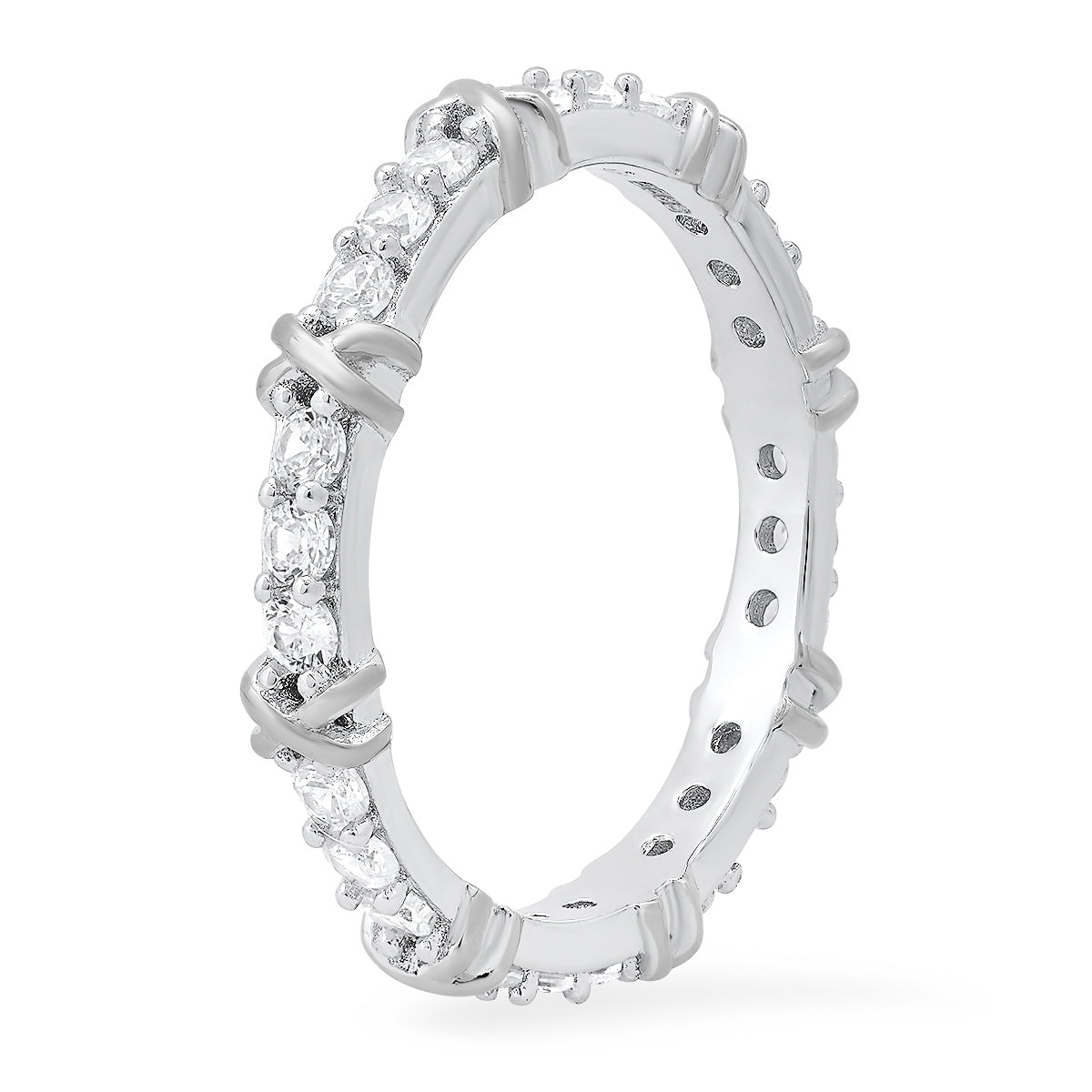 Sterling Silver Round-cut CZ "X" Stackable Eternity Band Ring