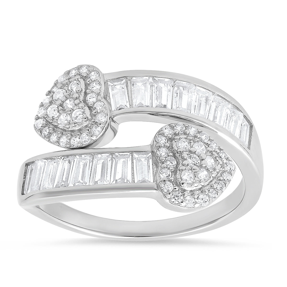 Sterling Silver Baguette CZ Heart Bypass Ring