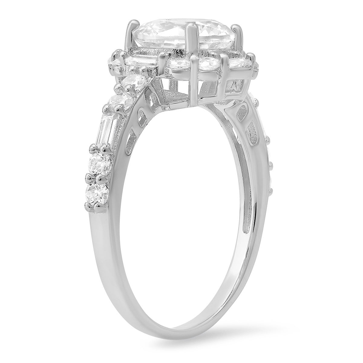 Sterling Silver Round and Baguette-cut Halo CZ Ring