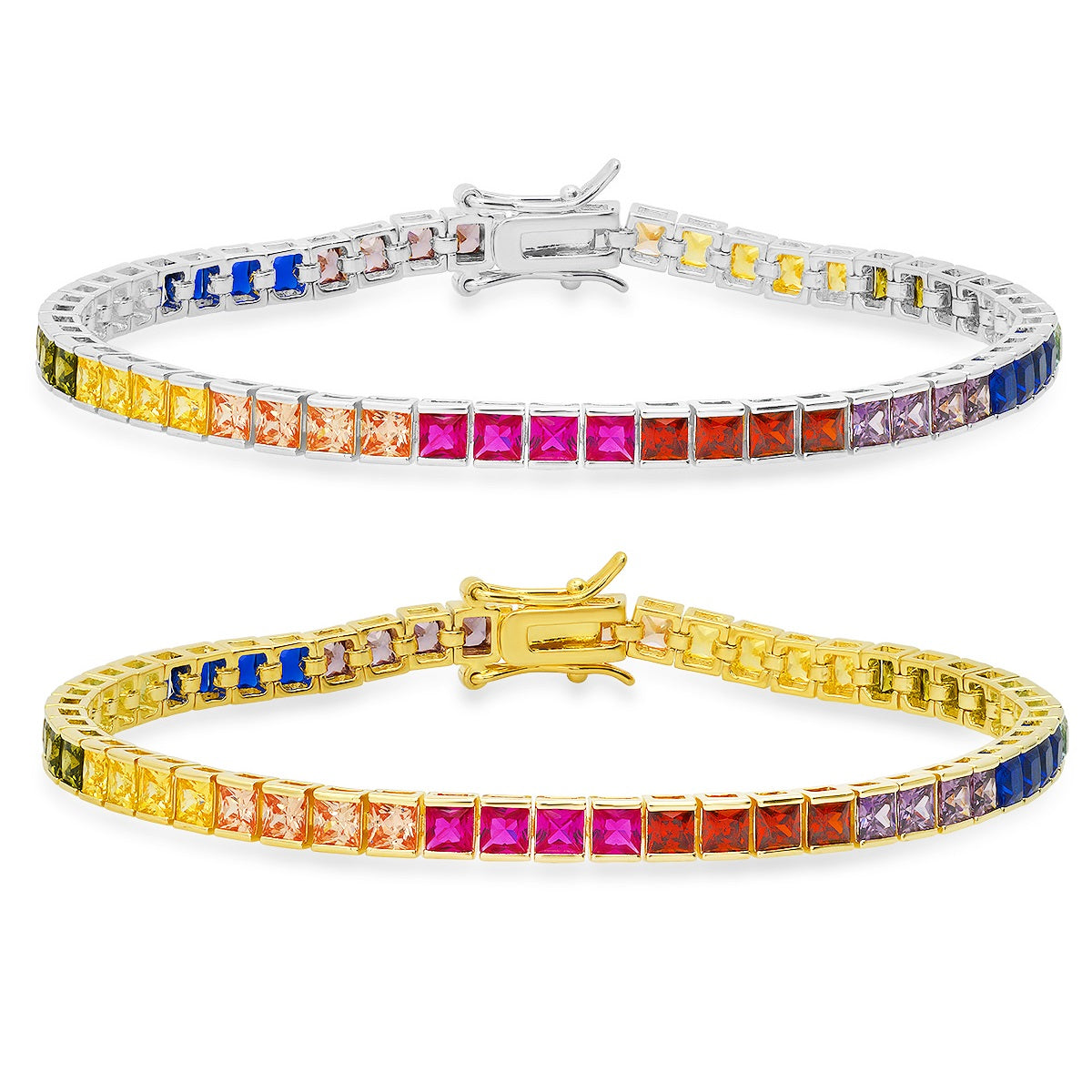 Sterling Silver Multi-color Princess-cut CZ Tennis Bracelet