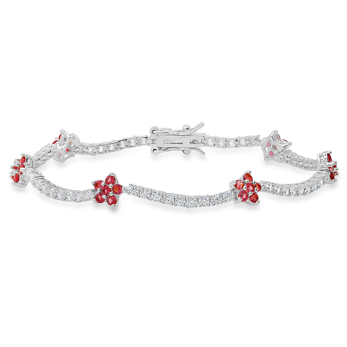 Sterling Silver Petite CZ Pink Sapphire Floral Station Tennis Bracelet