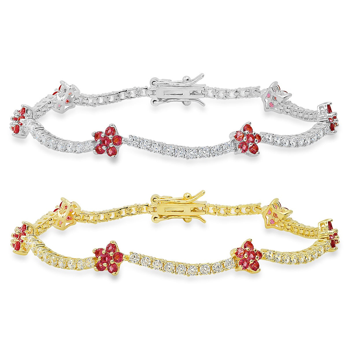 Sterling Silver Petite CZ Pink Sapphire Floral Station Tennis Bracelet
