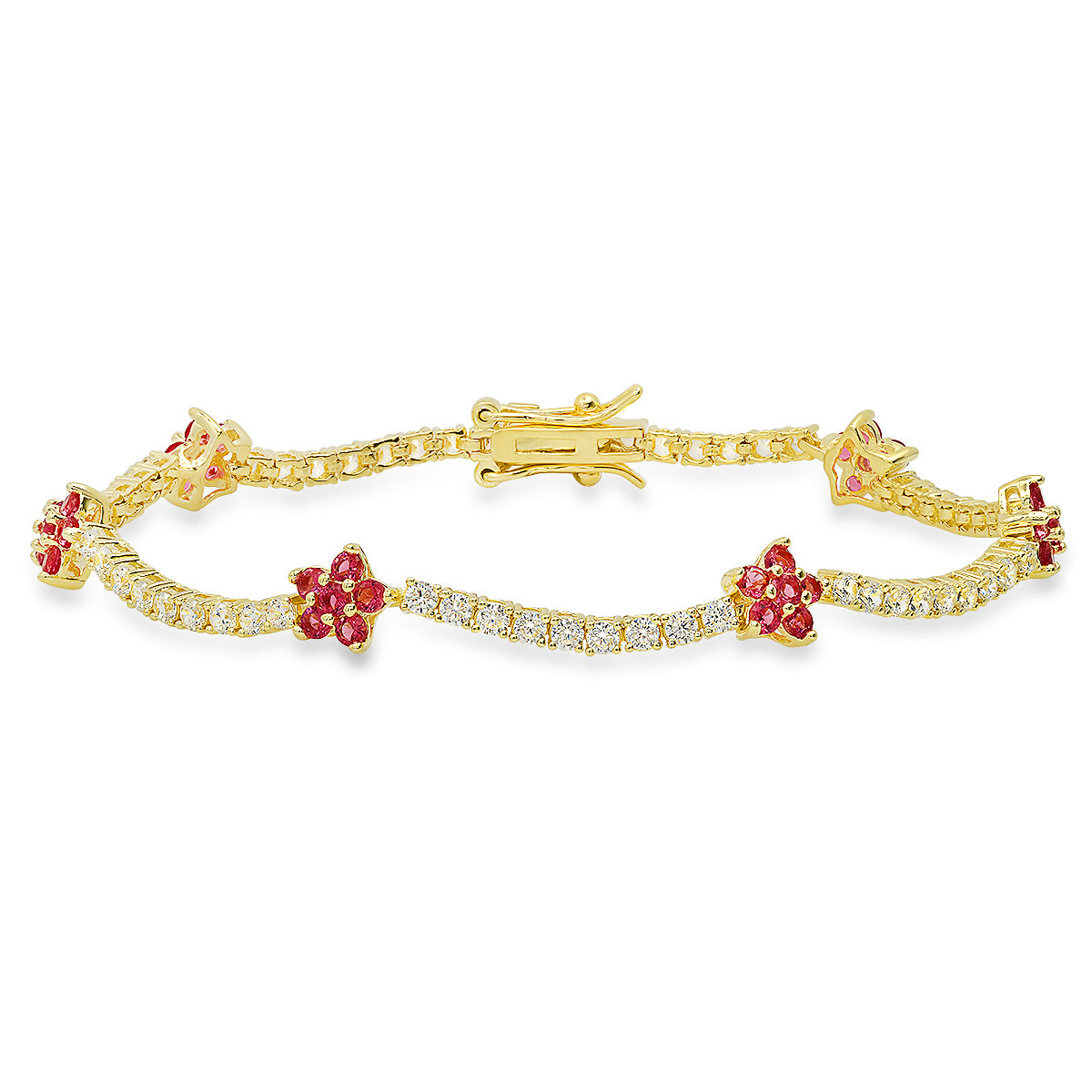 Sterling Silver Petite CZ Pink Sapphire Floral Station Tennis Bracelet