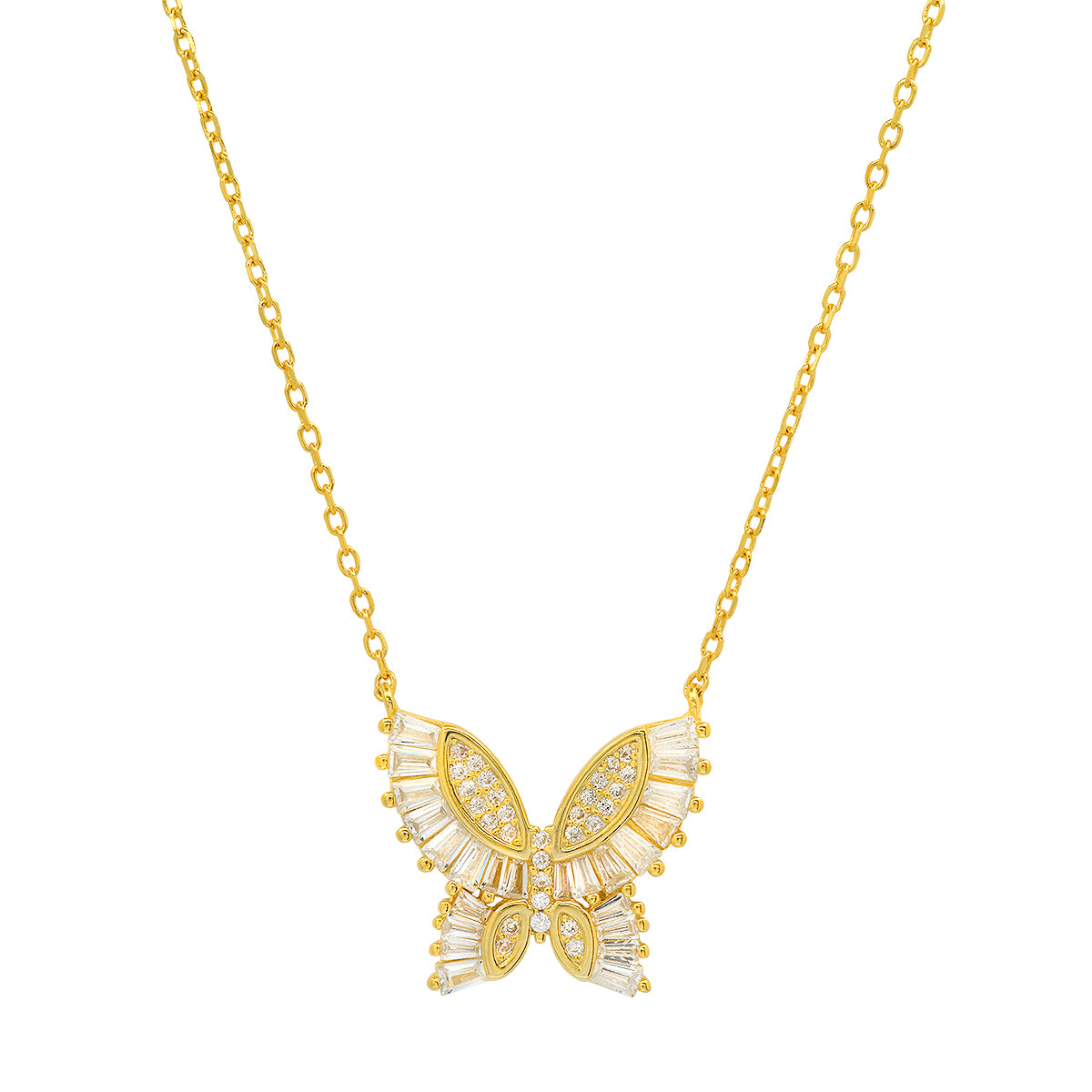 Sterling Silver Baguette CZ Butterfly Station Necklace