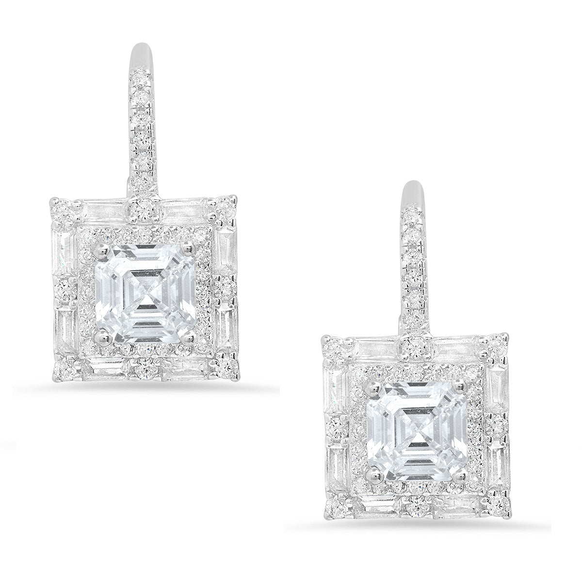 Sterling Silver Asscher-cut Halo CZ Leverback Earrings