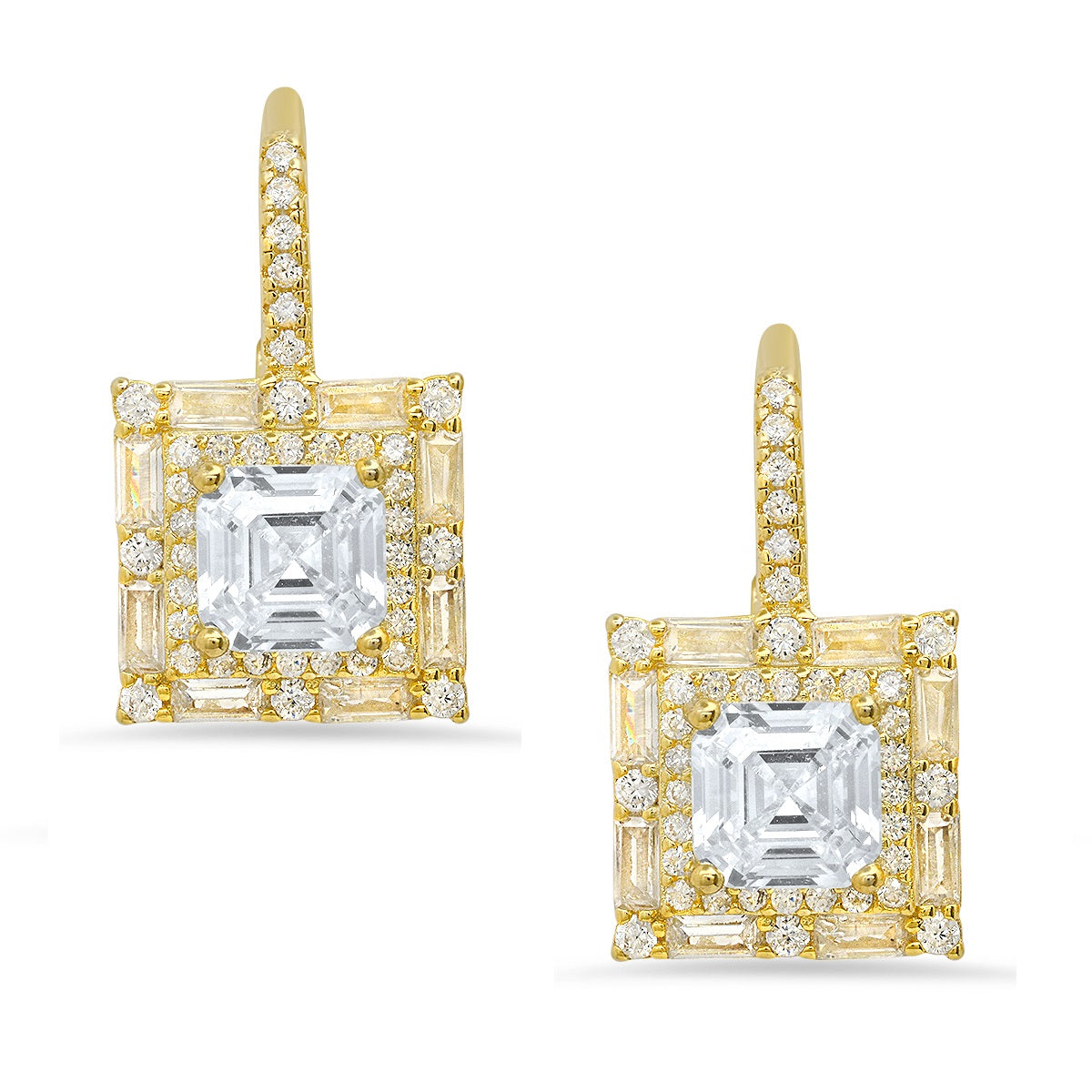 Sterling Silver Asscher-cut Halo CZ Leverback Earrings