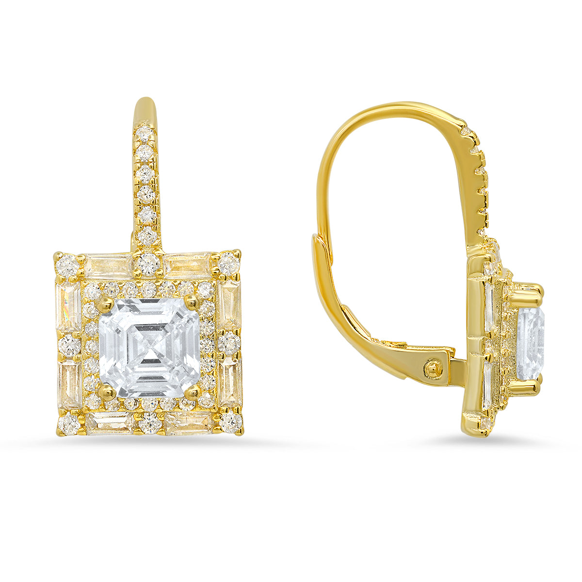 Sterling Silver Asscher-cut Halo CZ Leverback Earrings