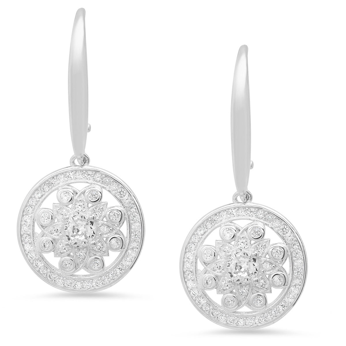 Sterling Silver Dangling CZ Flower Leverback Earrings
