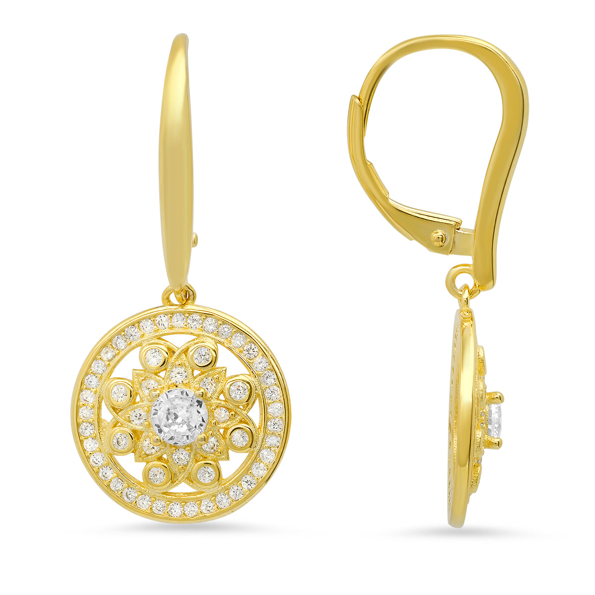 Sterling Silver Dangling CZ Flower Leverback Earrings