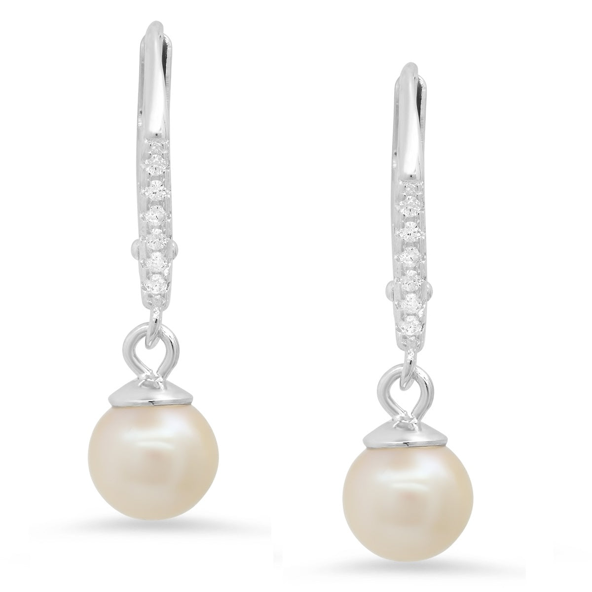 Sterling Silver Genuine Pearl & CZ Dangling Leverback Earrings