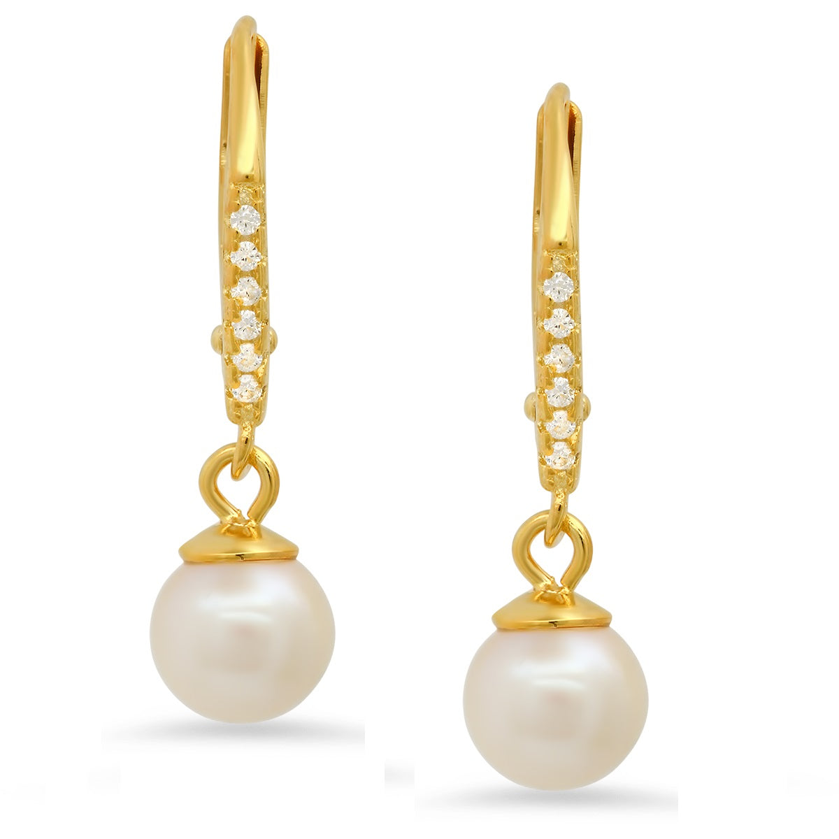 Sterling Silver Genuine Pearl & CZ Dangling Leverback Earrings