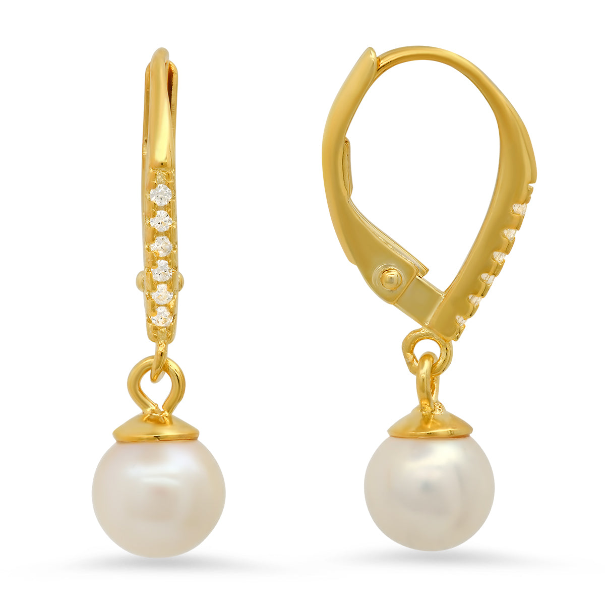 Sterling Silver Genuine Pearl & CZ Dangling Leverback Earrings