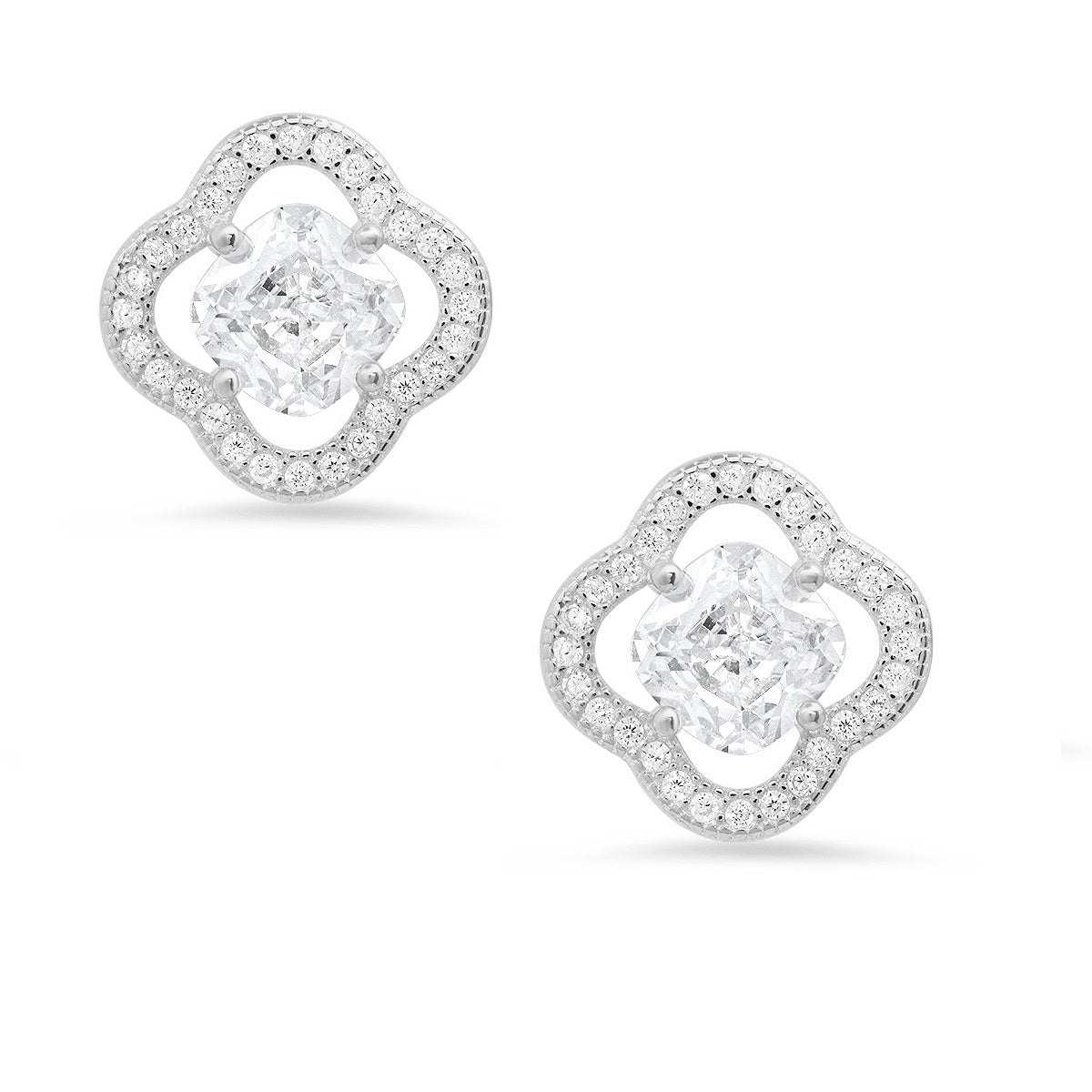 Sterling Silver Cushion-cut Flower CZ Stud Earrings
