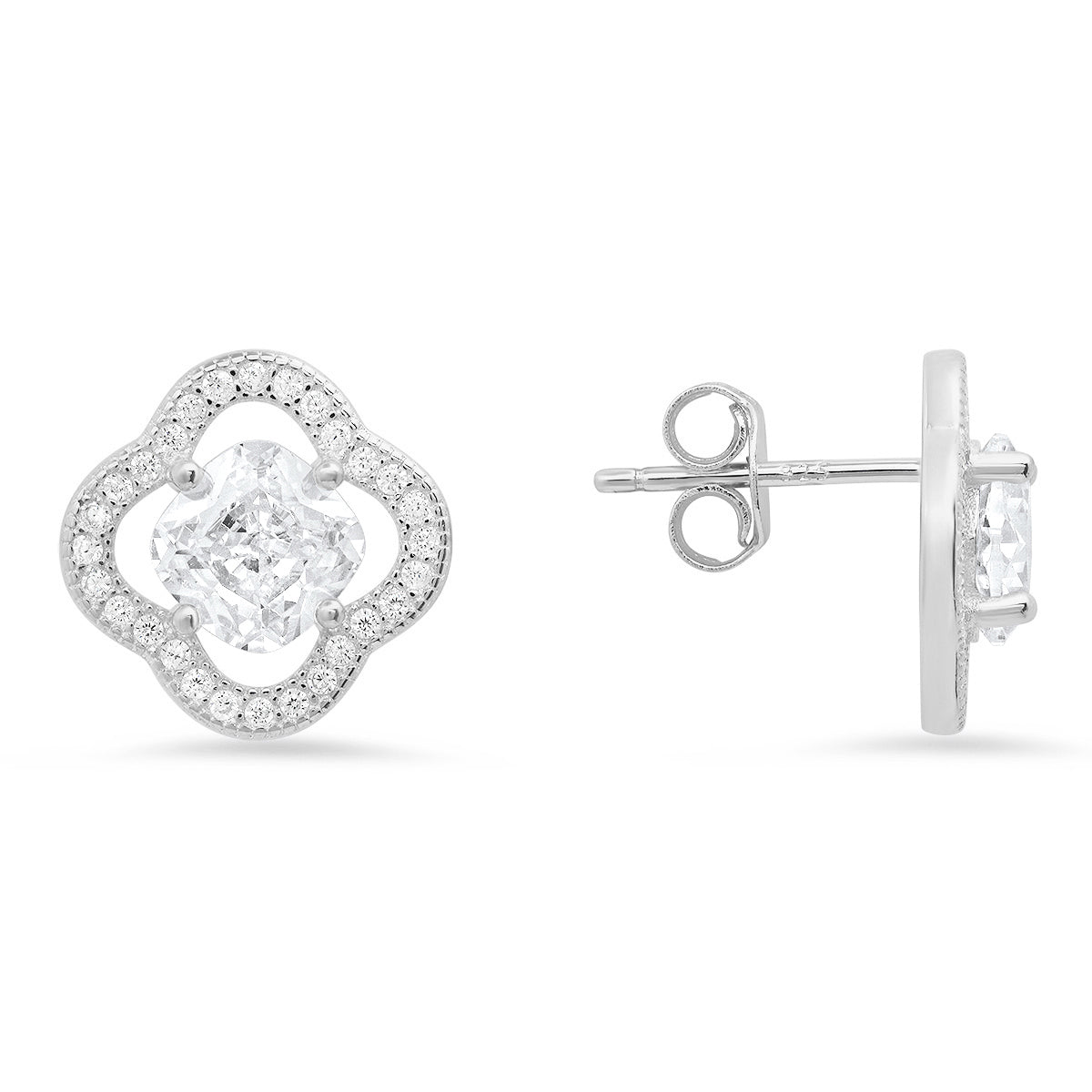 Sterling Silver Cushion-cut Flower CZ Stud Earrings