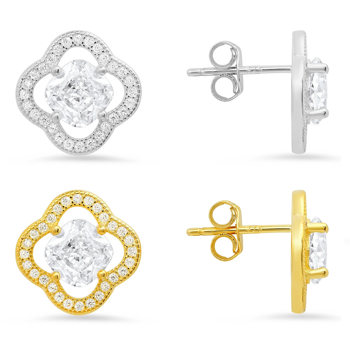 Sterling Silver Cushion-cut Flower CZ Stud Earrings
