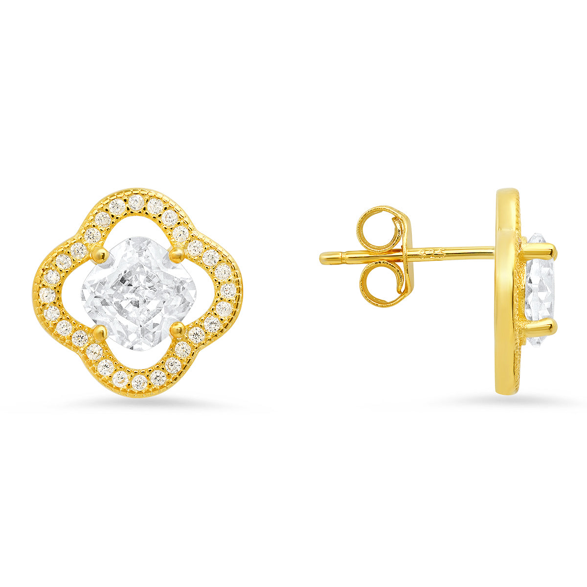 Sterling Silver Cushion-cut Flower CZ Stud Earrings
