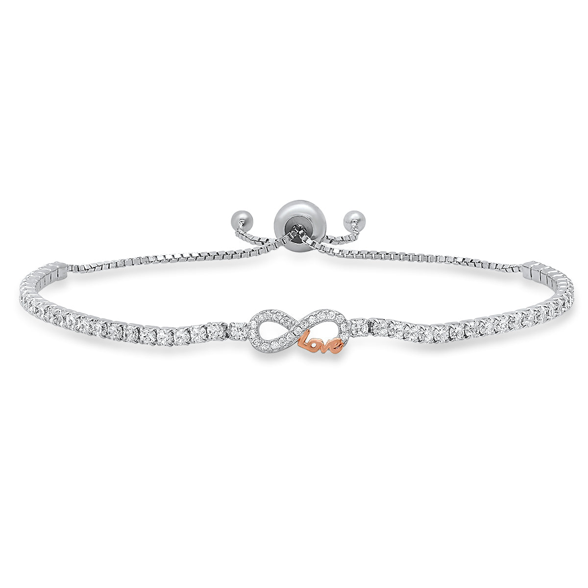 Sterling Silver Petite Two-Tone Infinity "Love" CZ Adjustable Bracelet