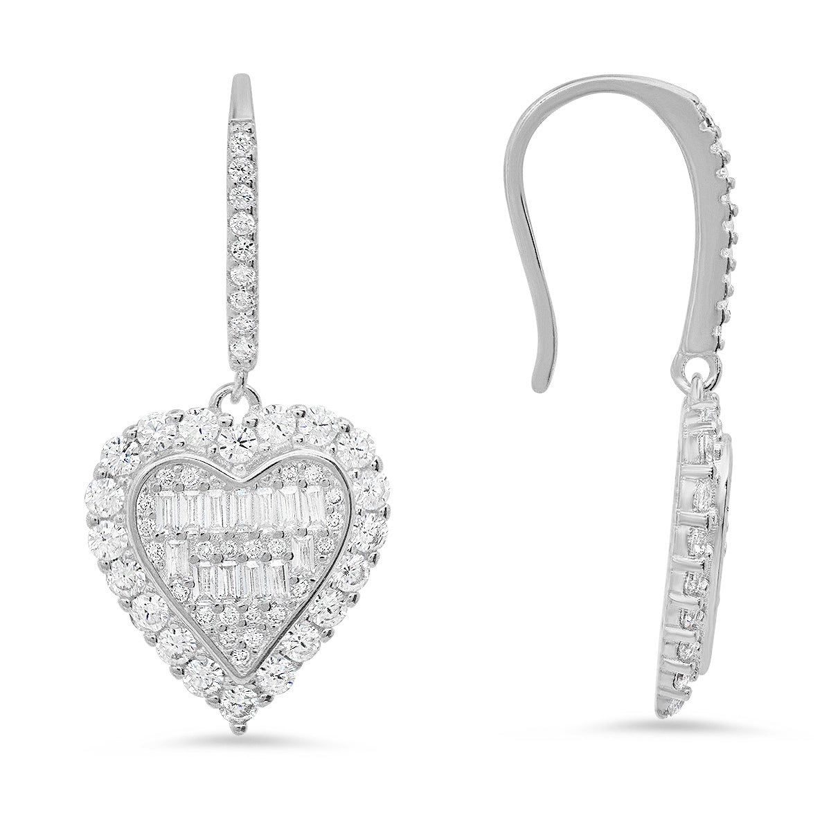 Sterling Silver Baguette CZ Halo Fishhook Earrings