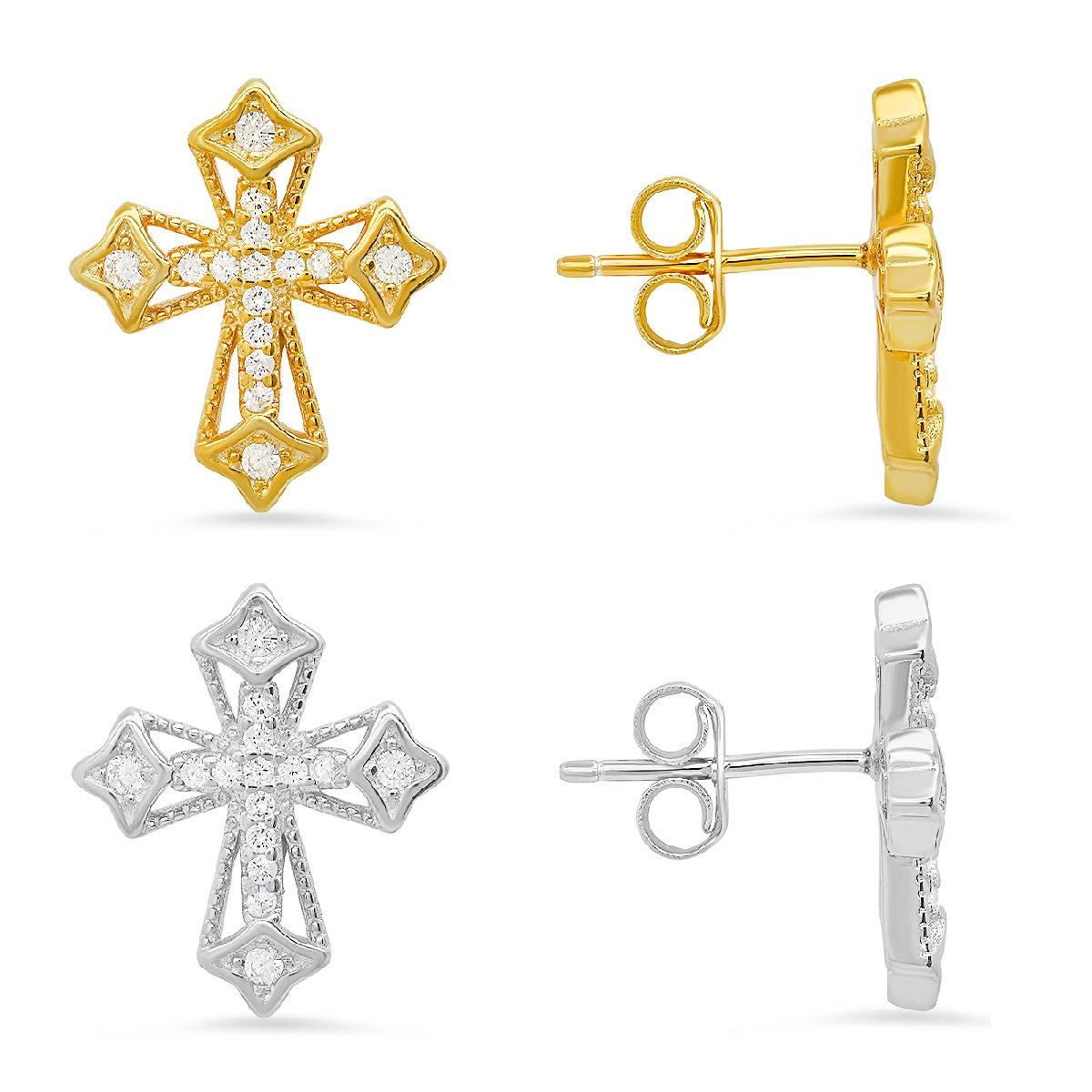 Sterling Silver Vintage CZ Cross Stud Earrings