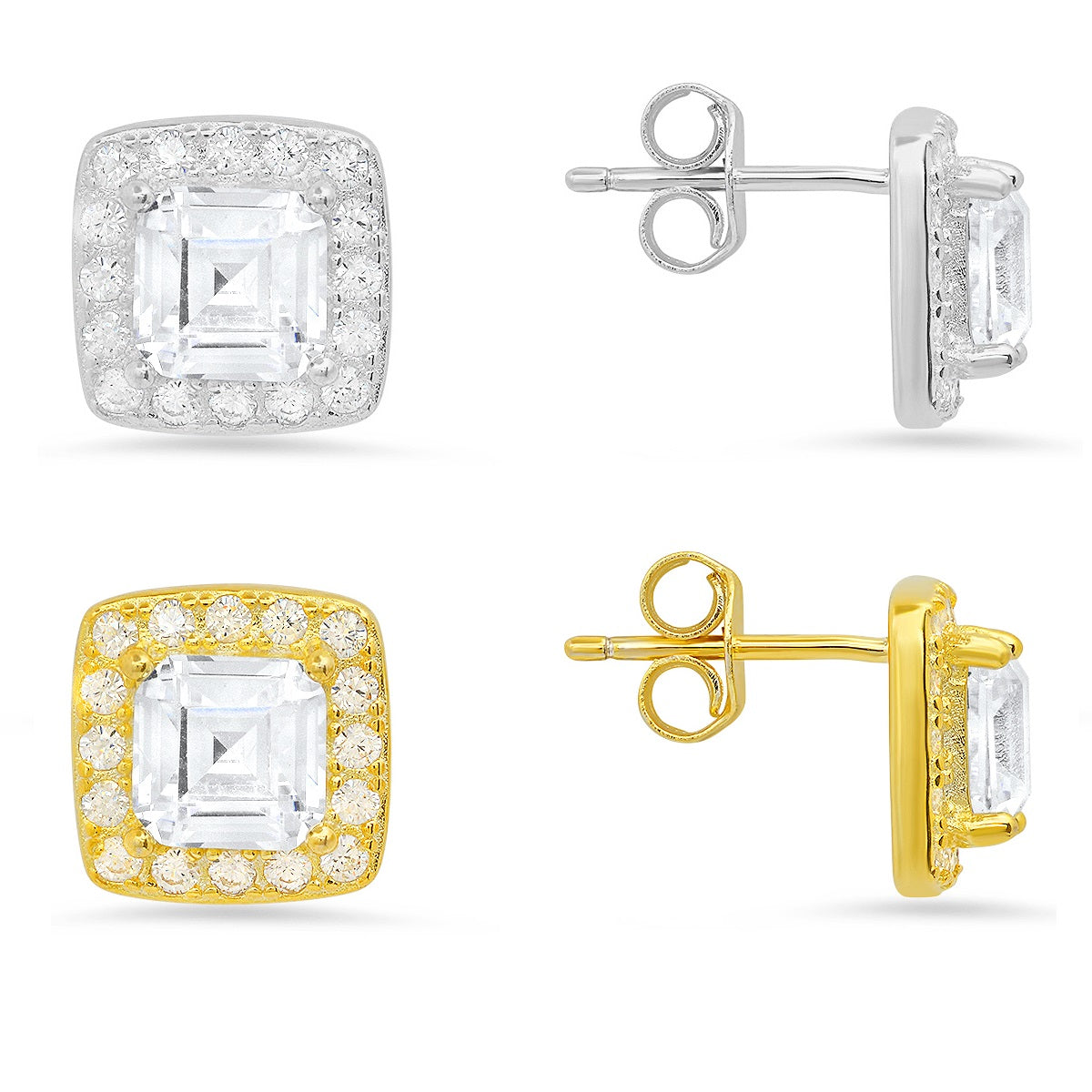 Sterling Silver Asscher-cut Halo CZ Stud Earrings