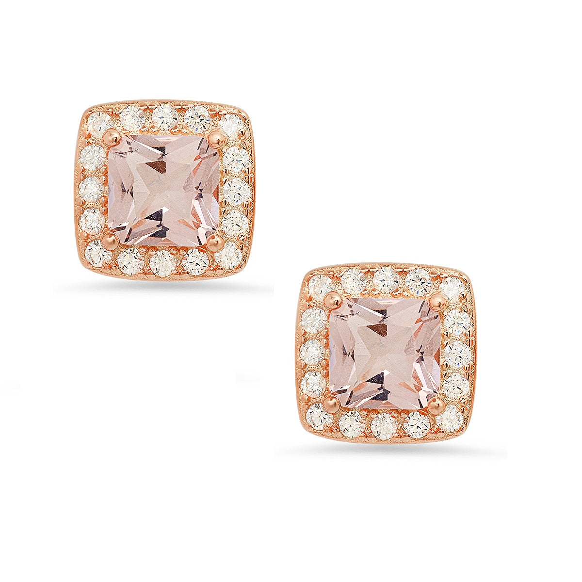 Rose Gold Over Silver Morganite CZ Halo Stud Earrings