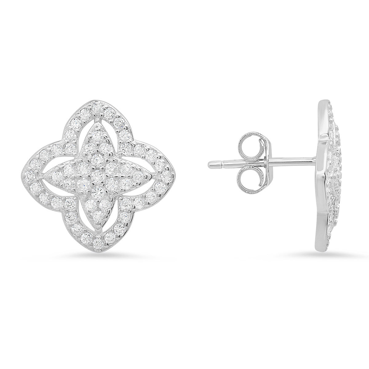 Sterling Silver Pave CZ Floral Stud Earrings