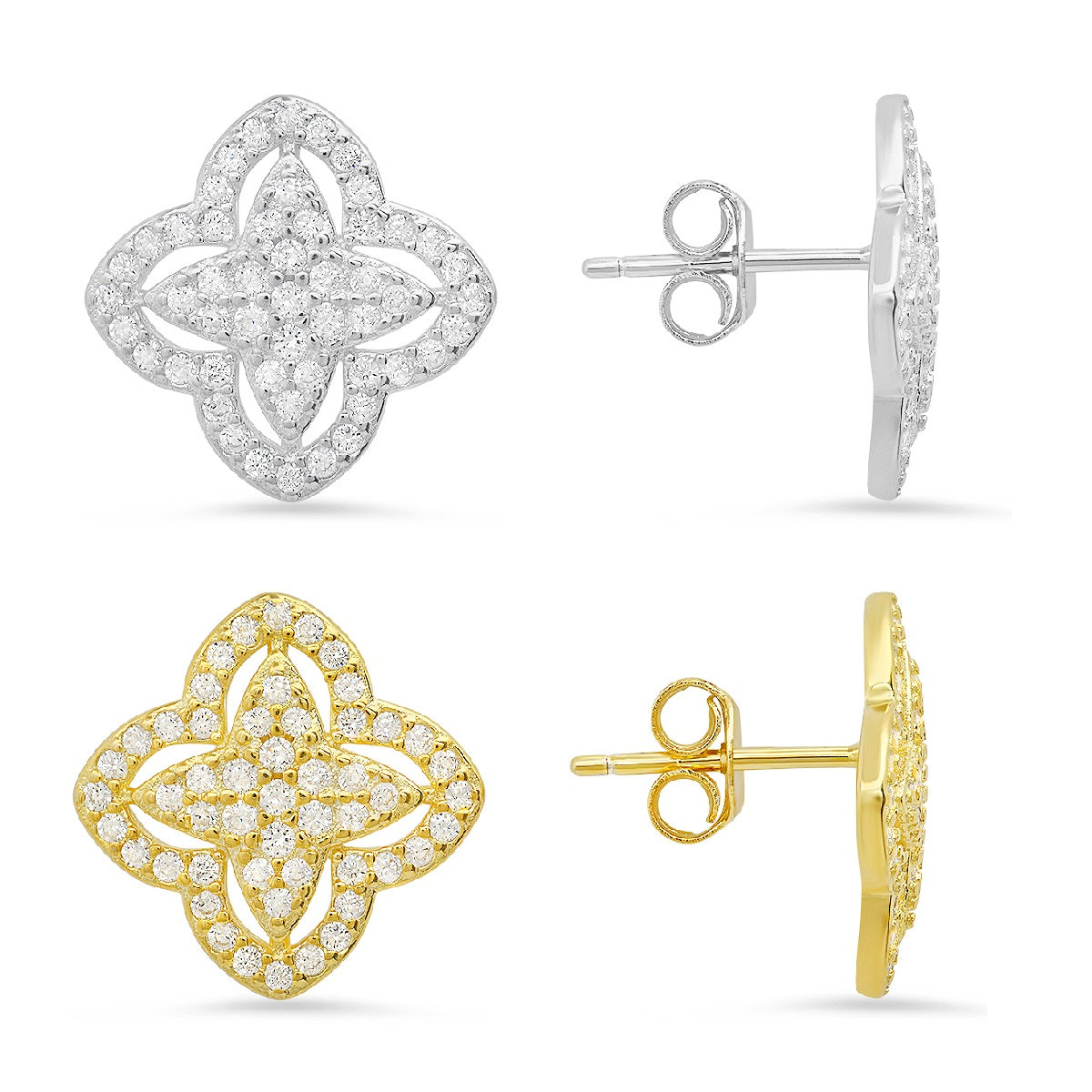 Sterling Silver Pave CZ Floral Stud Earrings