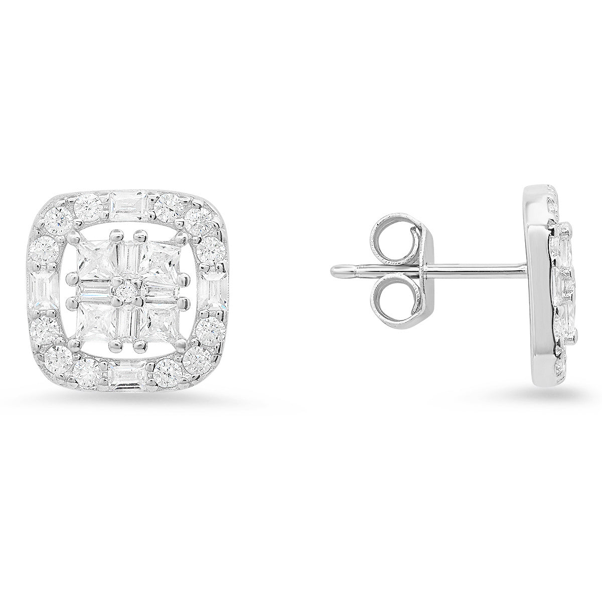 Sterling Silver Multi-Cut Halo CZ Stud Earrings