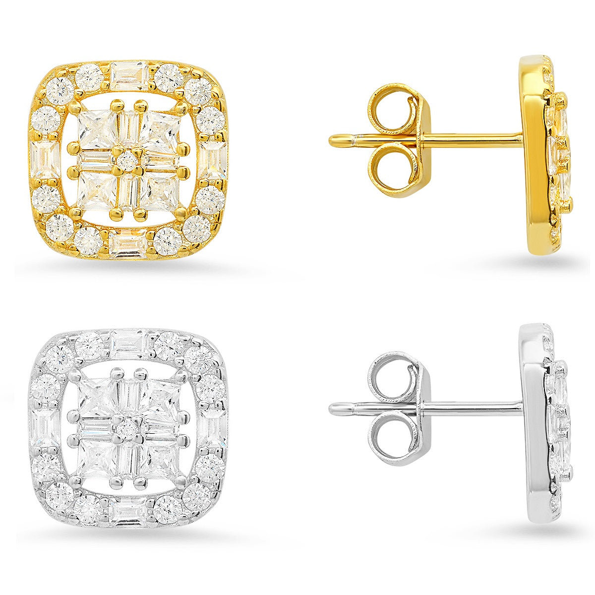 Sterling Silver Multi-Cut Halo CZ Stud Earrings