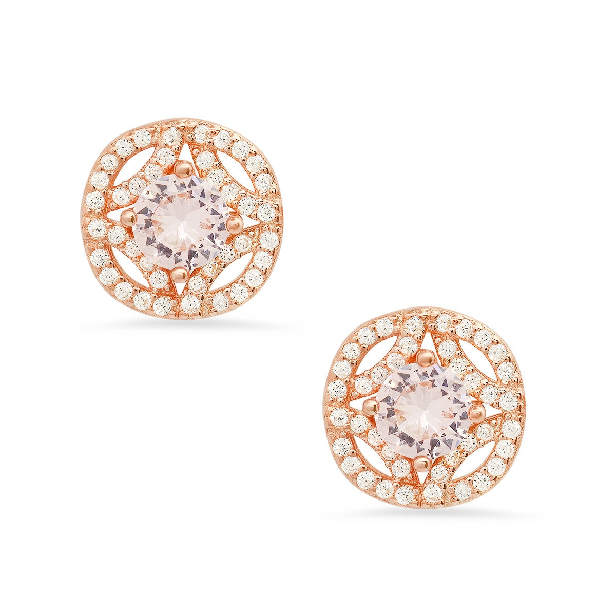 Rose Gold Over Silver Vintage Halo Morganite CZ Stud Earrings