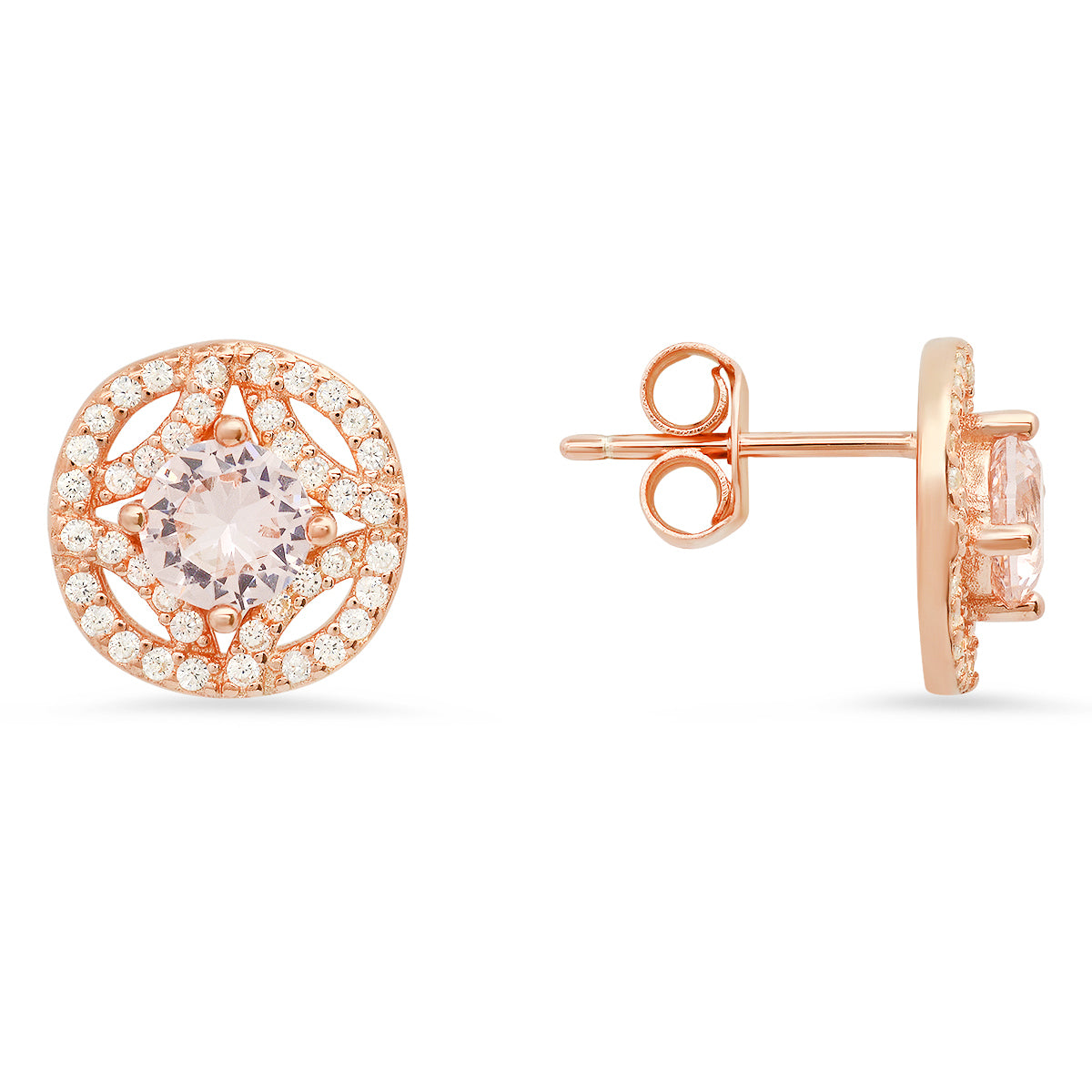 Rose Gold Over Silver Vintage Halo Morganite CZ Stud Earrings
