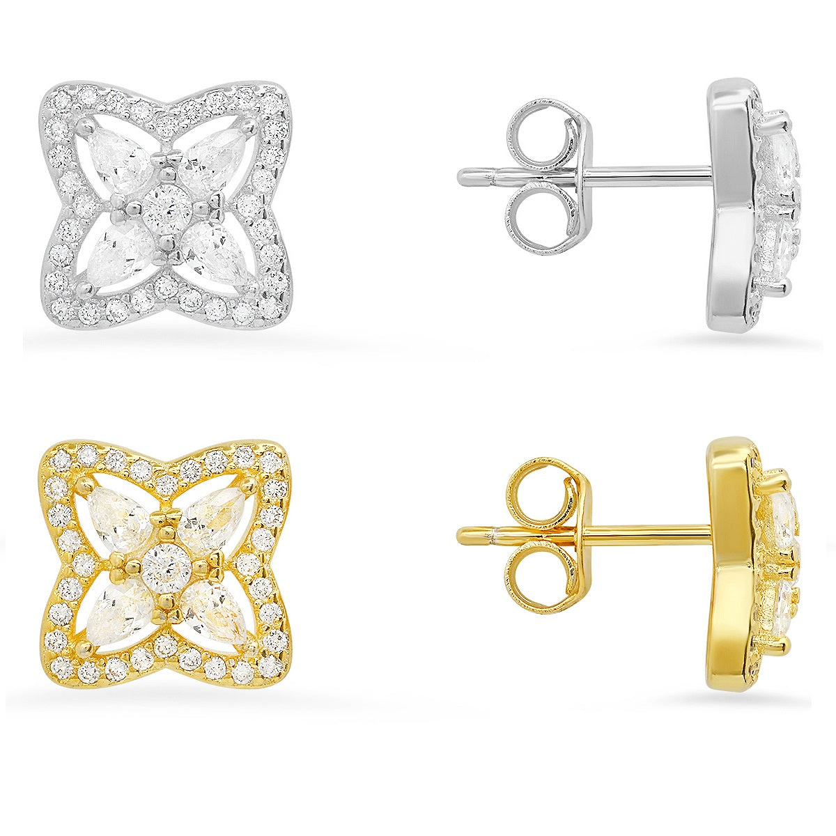 Sterling Silver Pear-cut CZ Flower Stud Earrings