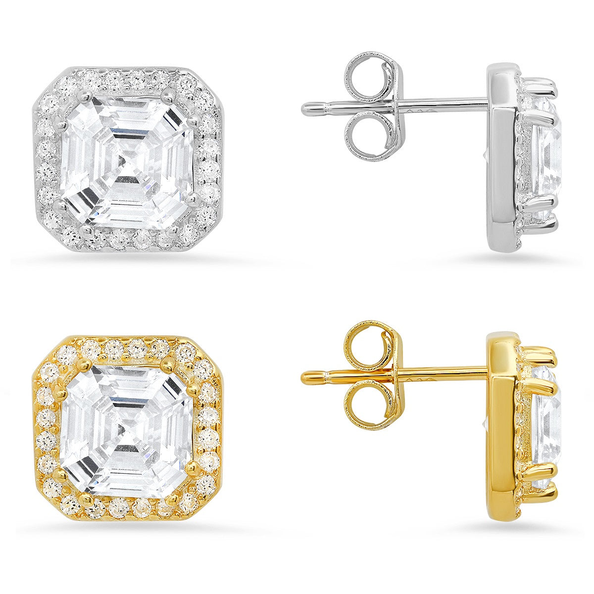 Sterling Silver Asscher-cut Halo Stud Earrings