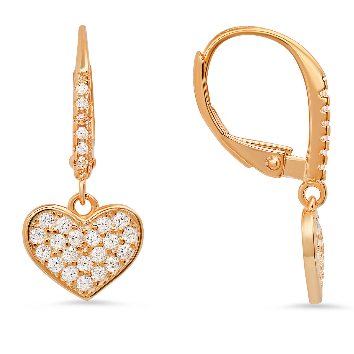 Sterling Silver Dangling Heart CZ Leverback Earrings