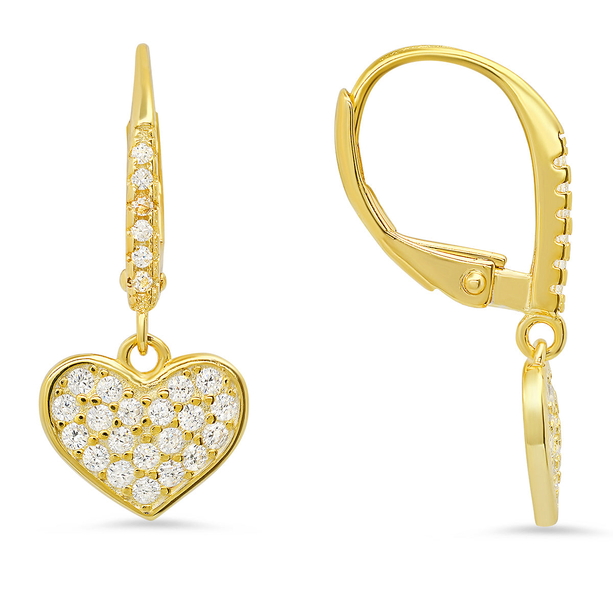 Sterling Silver Dangling Heart CZ Leverback Earrings