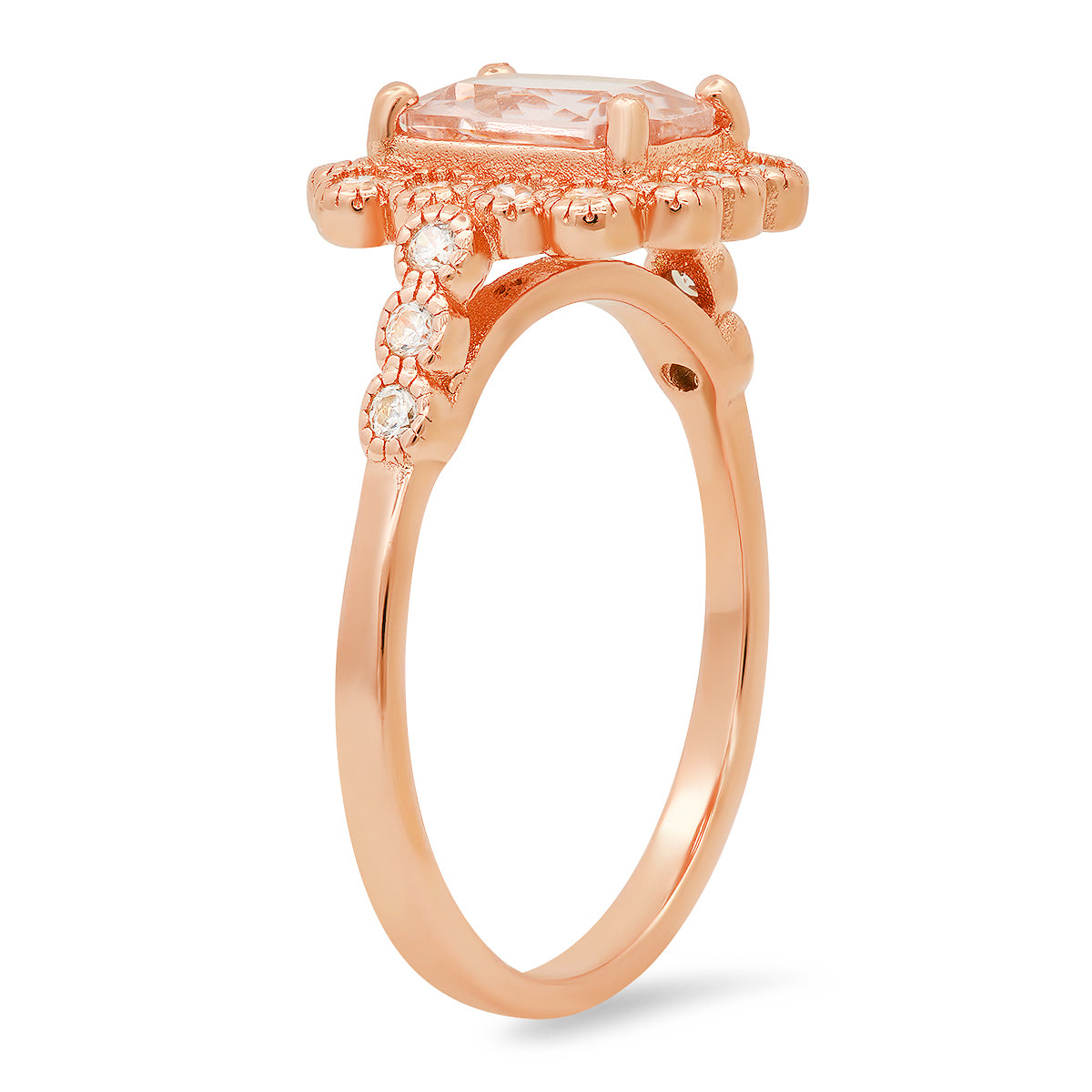 Rose Gold Over Silver Emerald-cut Morganite CZ Halo Floral Ring
