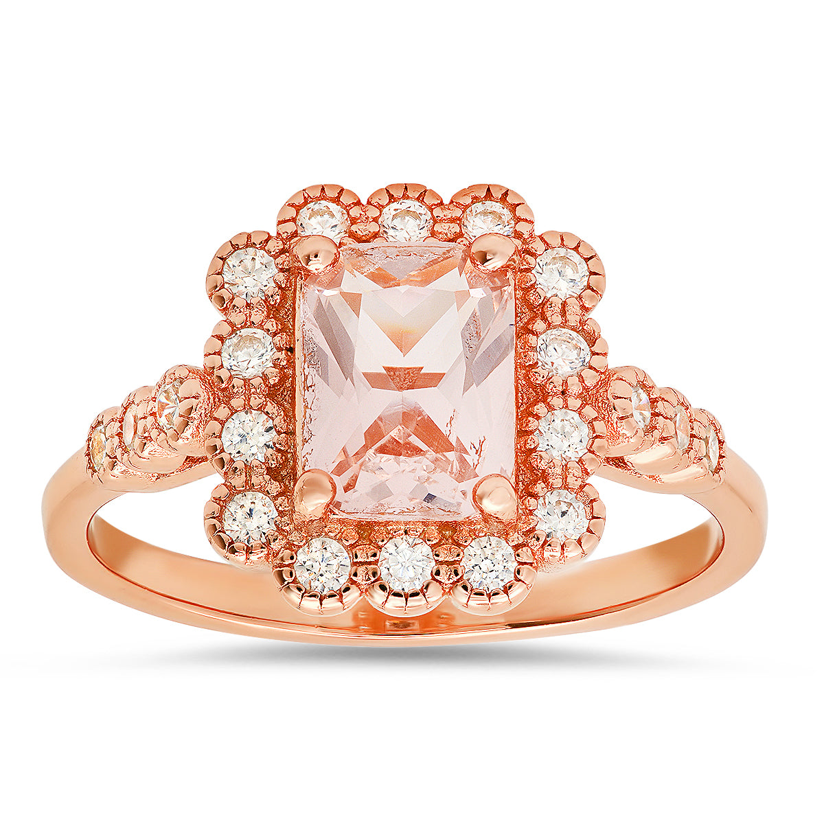 Rose Gold Over Silver Emerald-cut Morganite CZ Halo Floral Ring
