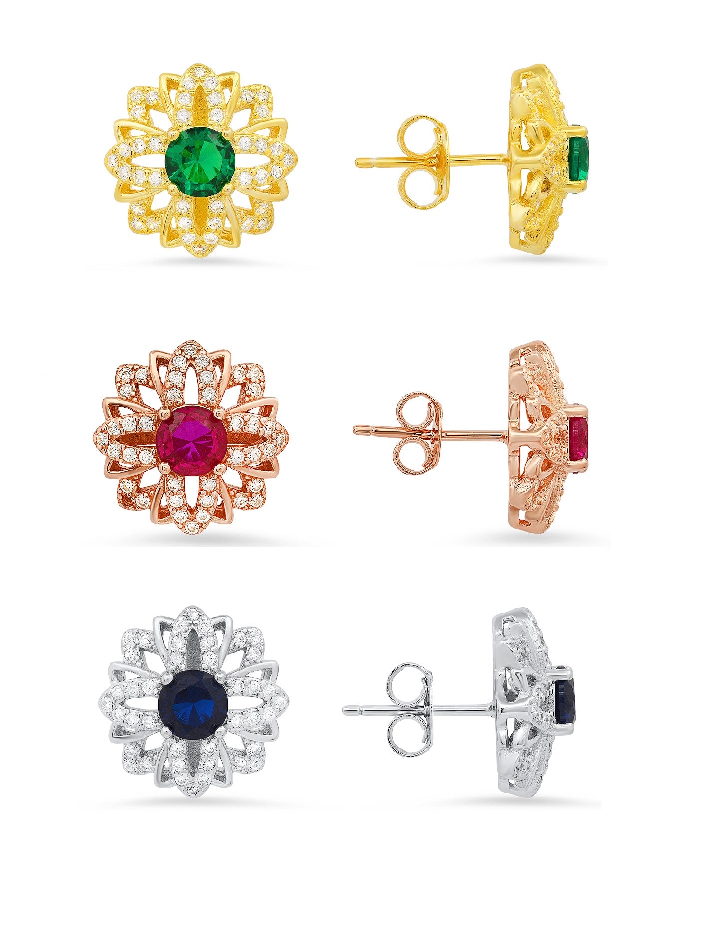 Sterling Silver Ruby/Sapphire/Emerald CZ Floral Stud Earrings