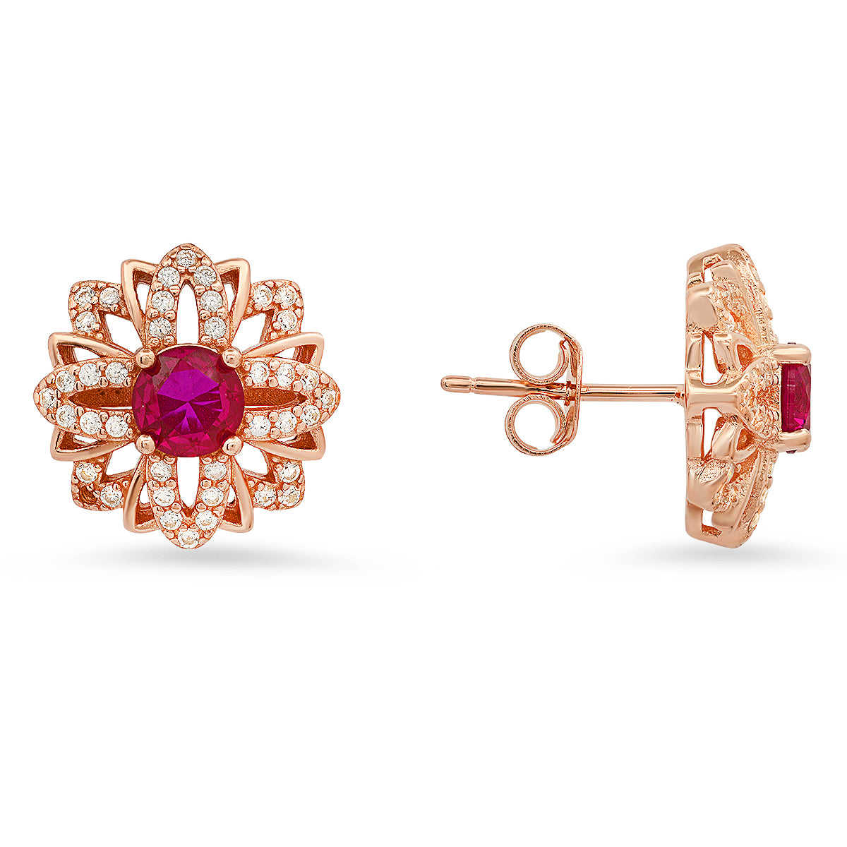 Sterling Silver Ruby/Sapphire/Emerald CZ Floral Stud Earrings