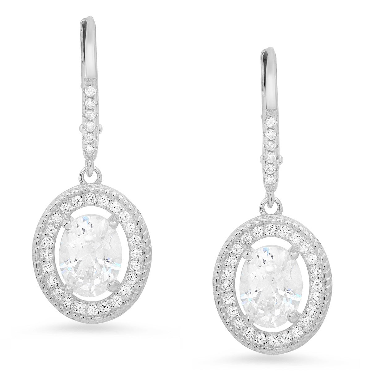 Sterling Silver Twisted Rope Halo CZ Leverback Earrings