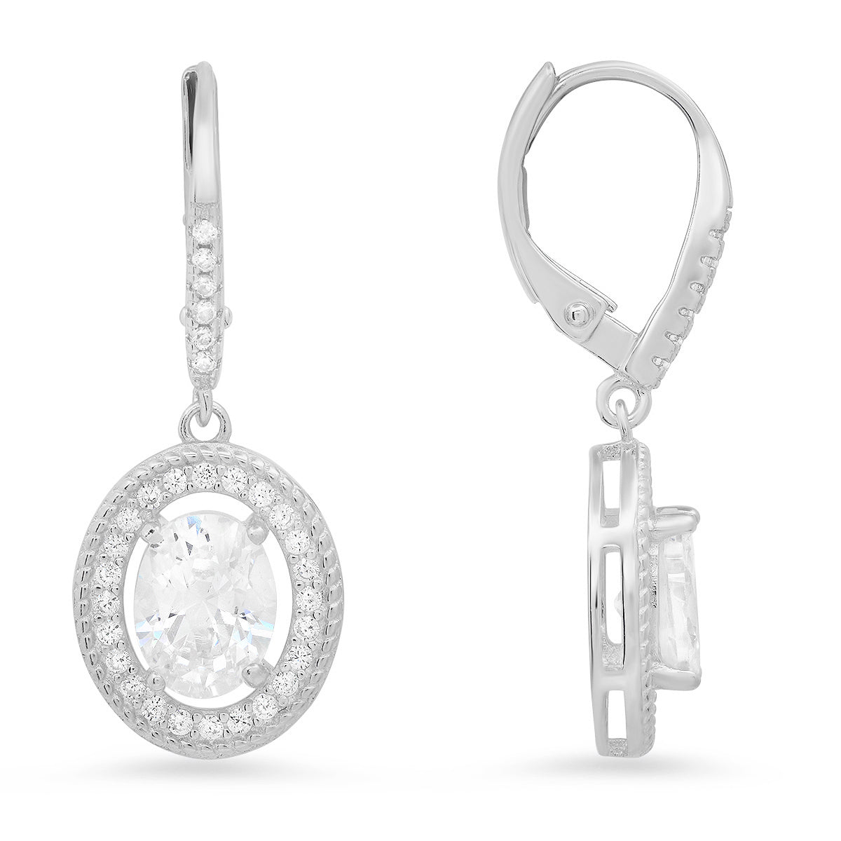 Sterling Silver Twisted Rope Halo CZ Leverback Earrings