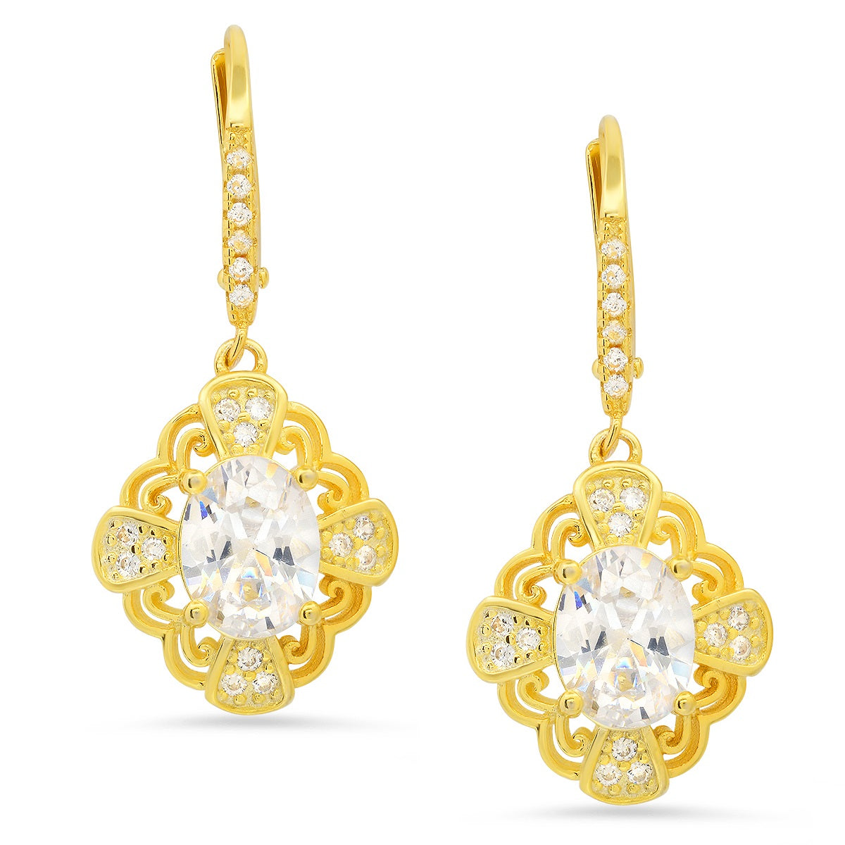 Sterling Silver Vintage Filigree CZ Leverback Earrings