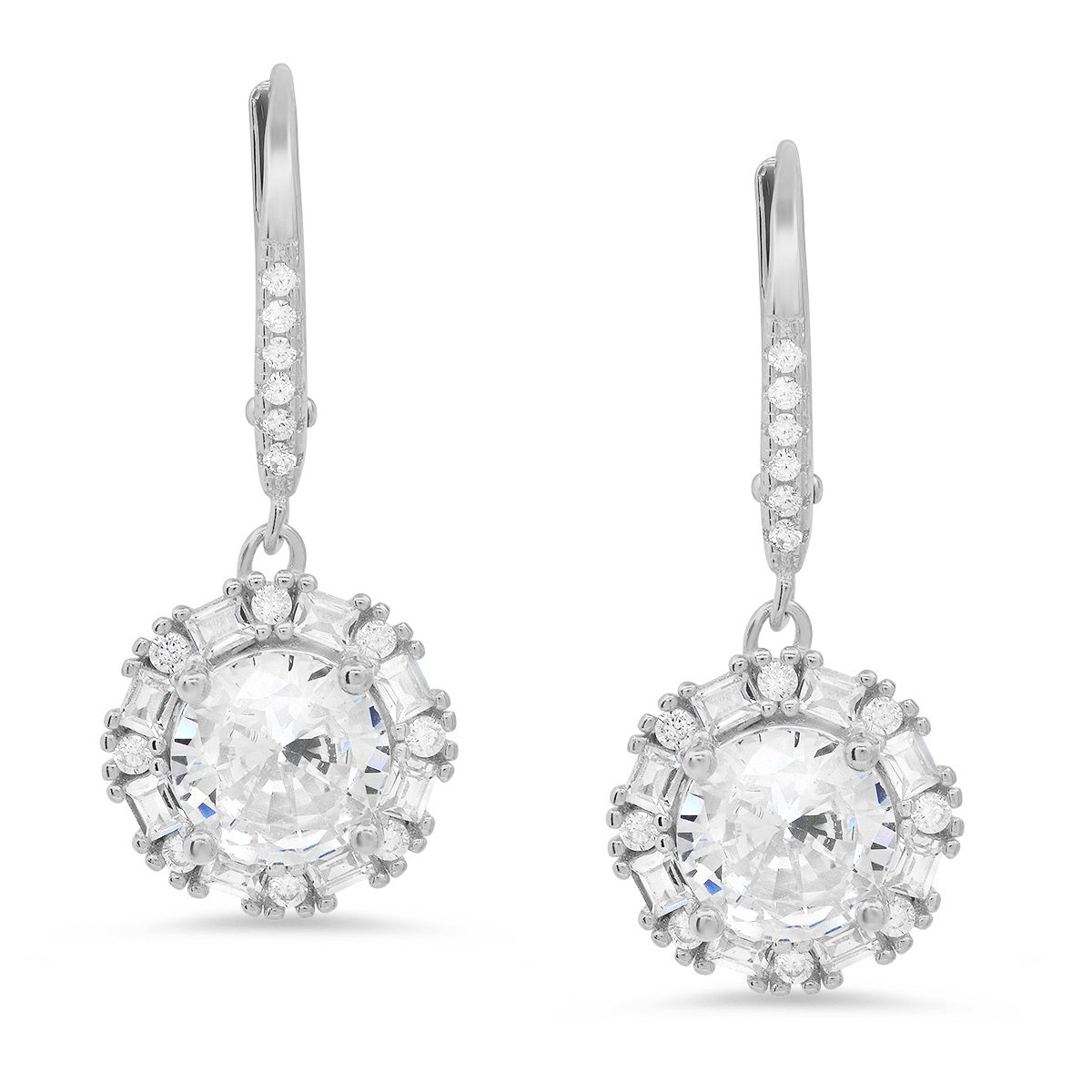 Sterling Silver Round-cut Halo CZ Leverback Earrings