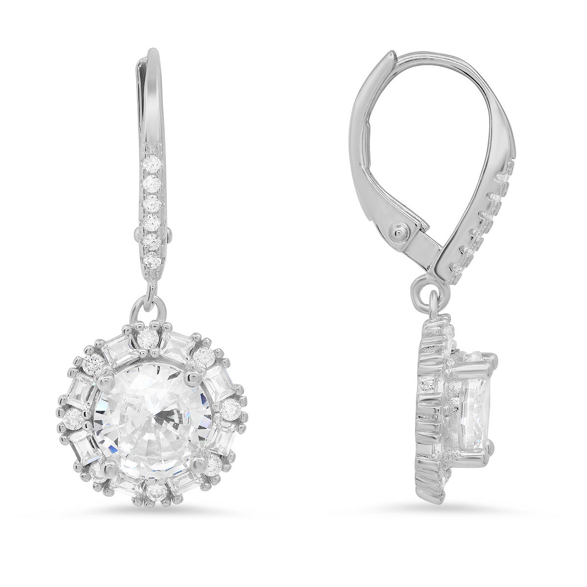 Sterling Silver Round-cut Halo CZ Leverback Earrings