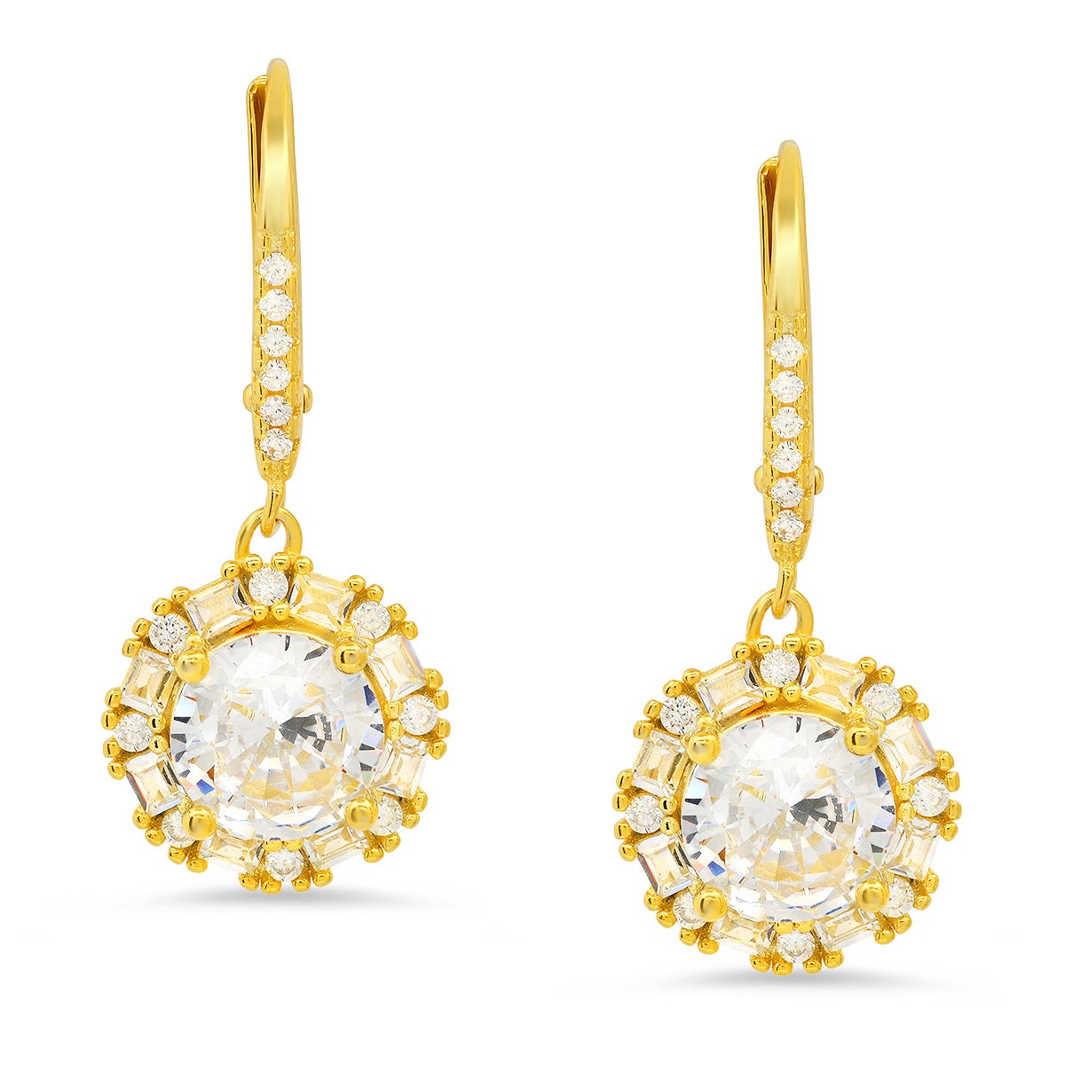 Sterling Silver Round-cut Halo CZ Leverback Earrings