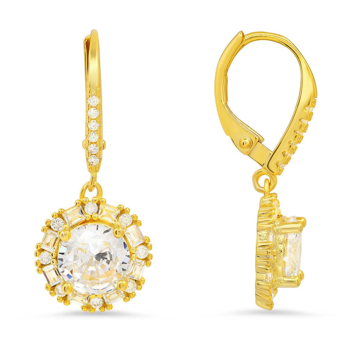 Sterling Silver Round-cut Halo CZ Leverback Earrings