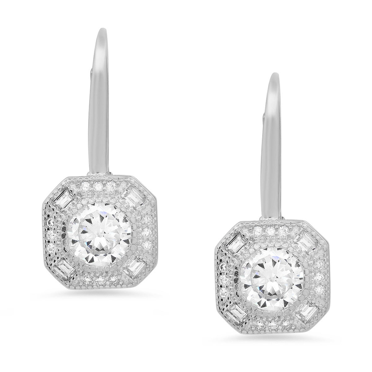 Sterling Silver Vintage Halo CZ Leverback Earrings