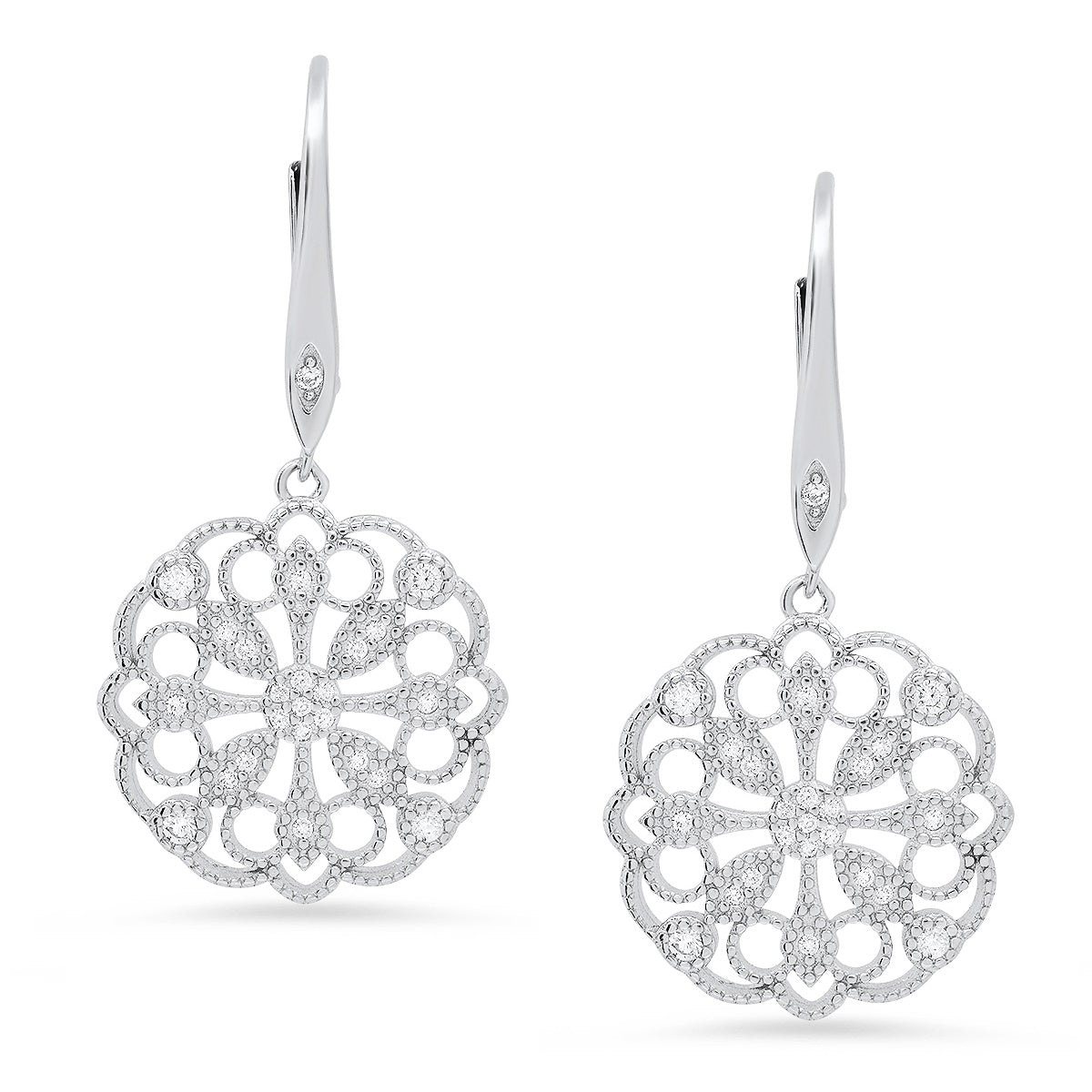 Sterling Silver Vintage Floral CZ Leverback Earrings