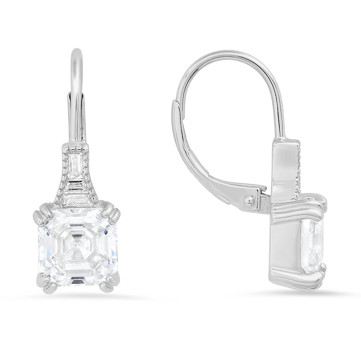 Sterling Silver Vintage Asscher-cut Diamond Leverback Earrings