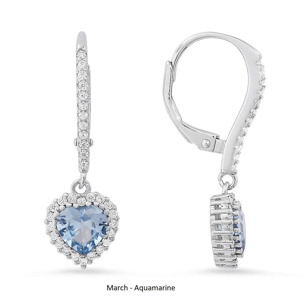Sterling Silver Heart-cut Birthstone Halo Leverback Earrings